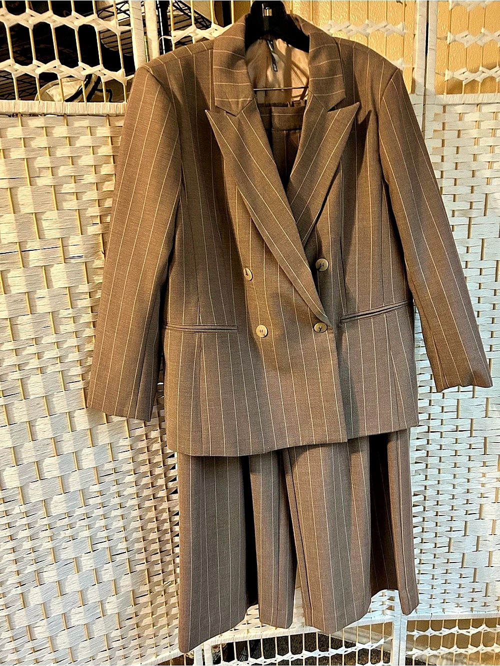 MAEVE ANTHROPOLOGIE Pinstripe Trouser Suit Pants Jacket Blazer Brown LP NWT